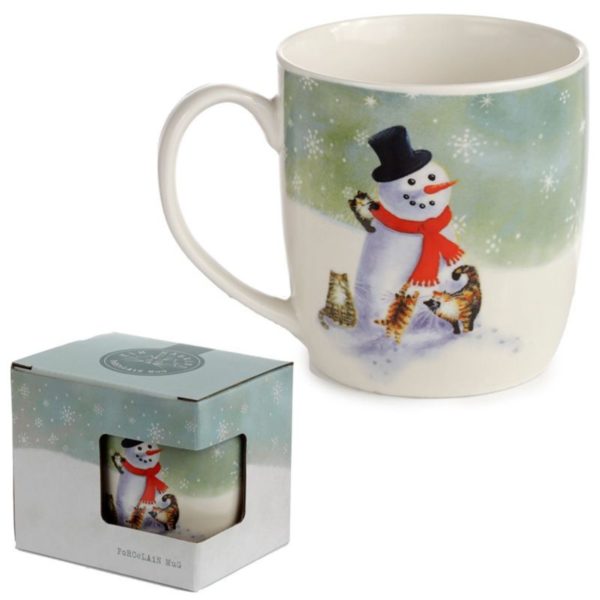 Vánoční porcelánový hrnek Sněhulák a kočky