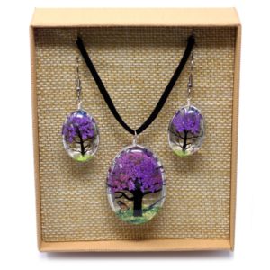 Sada náhrdelníku a náušnic - lisované květy ve skle Fialová